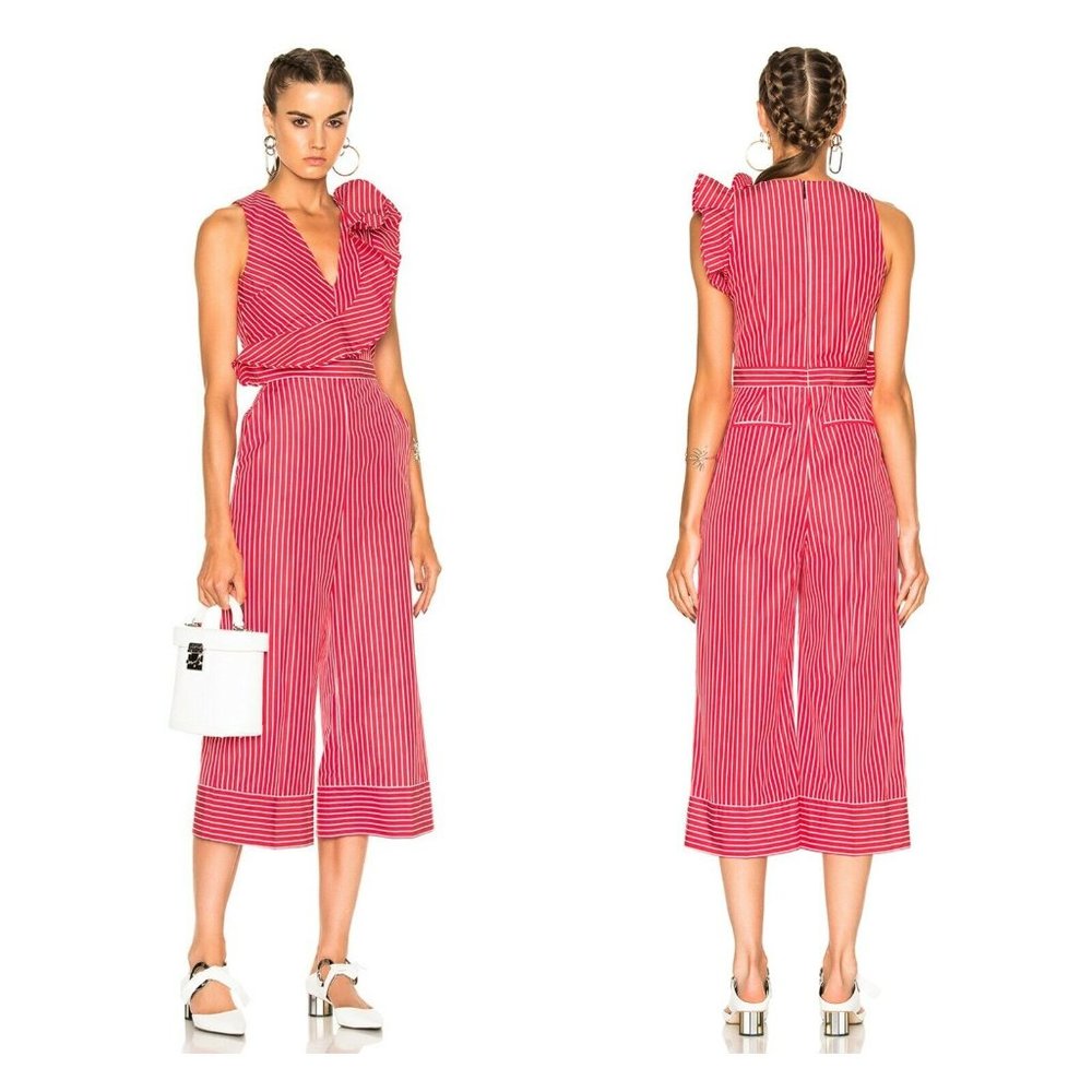 NWT $695 MSGM Size 40 US 6 Red White Ruffled Striped Cotton Poplin Jumpsuit